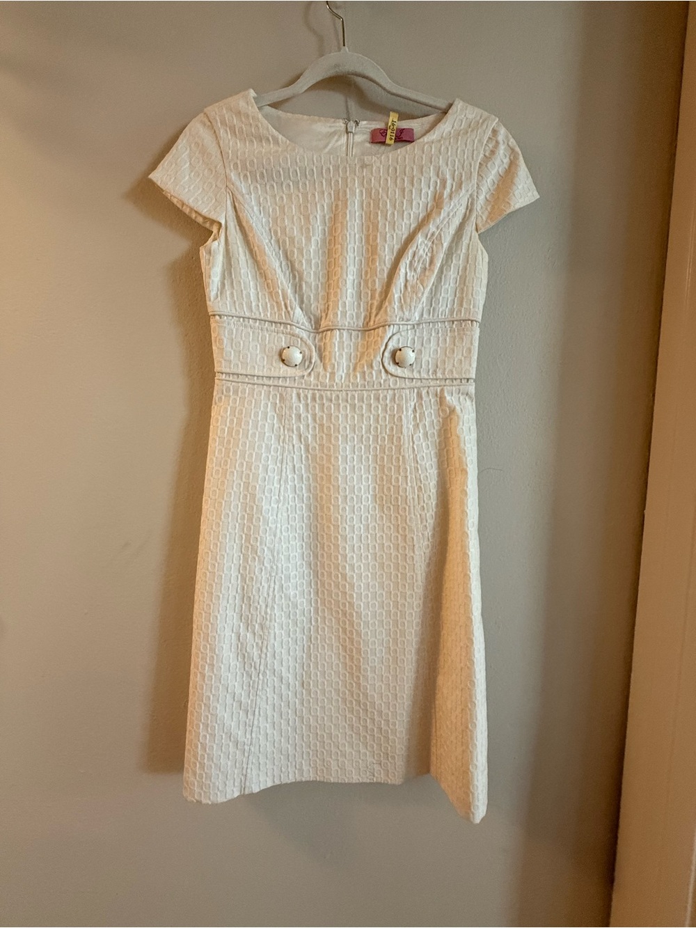 Eliza J Cream Textured Short Sleeve Midi Dress with Waist Buttons